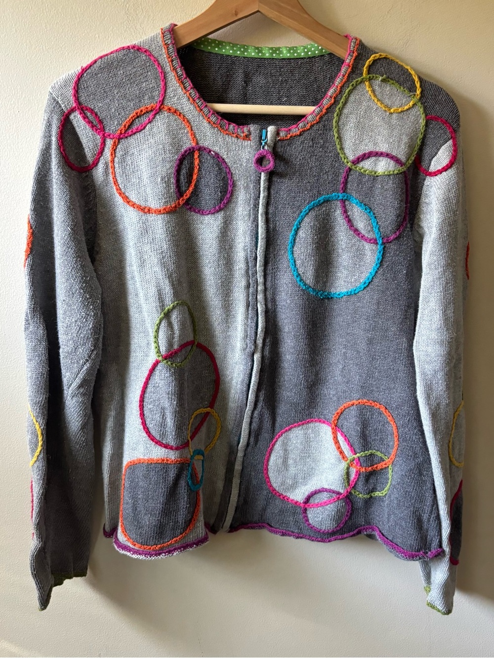 Christopher & Banks Grey Zip Up Sweater with Colorful Circle Embroidery